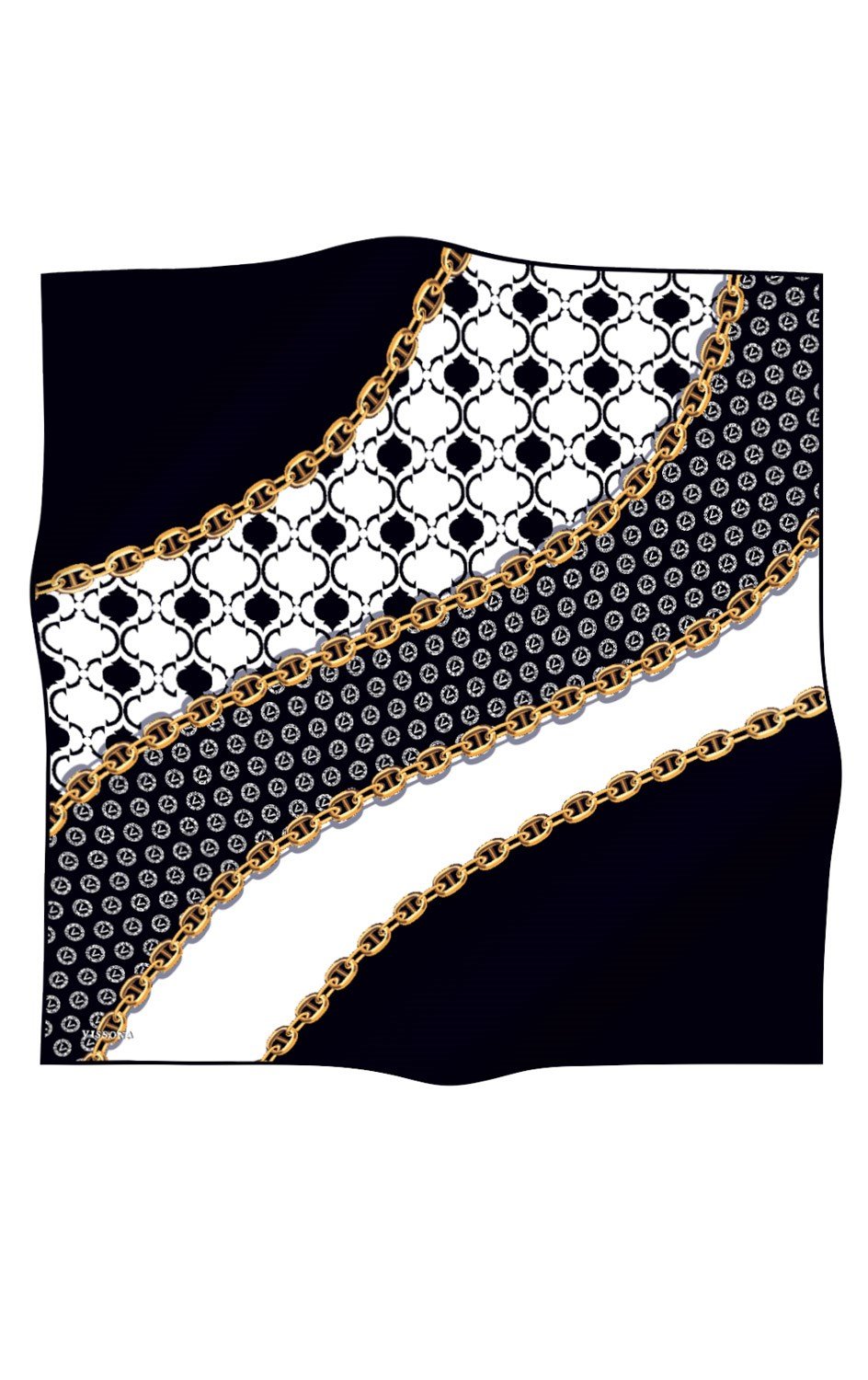 %100 Twill İpek Monogram Ve Zincir Desenli Siyah - Beyaz Renkli 90x90 Eşarp Dikim Şekli : El Dikişi