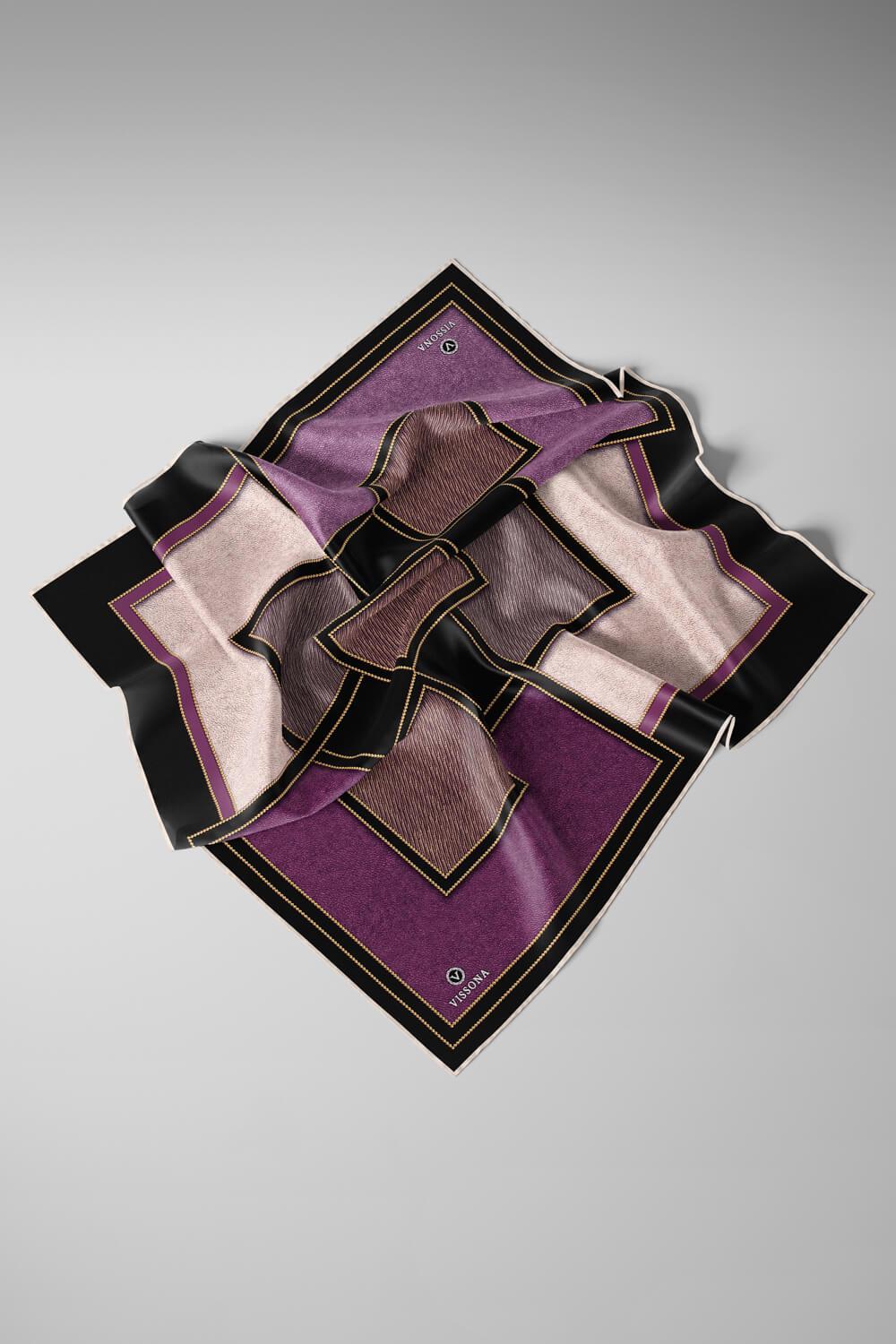 100% Twill İpek Gold Detaylı Kare Desenli Siyah - Mürdüm Renkli 90x90 Dikim Şekli : El Dikişi
