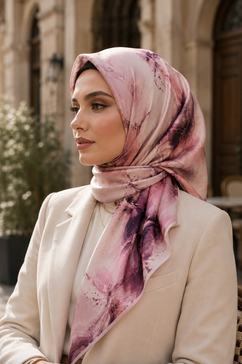 %100 Twill İpek Çiçekli Sulu Boya Dalga Desenli Pudra - Gül Kurusu Renkli 90x90 Eşarp Dikim Şekli : El Dikişi