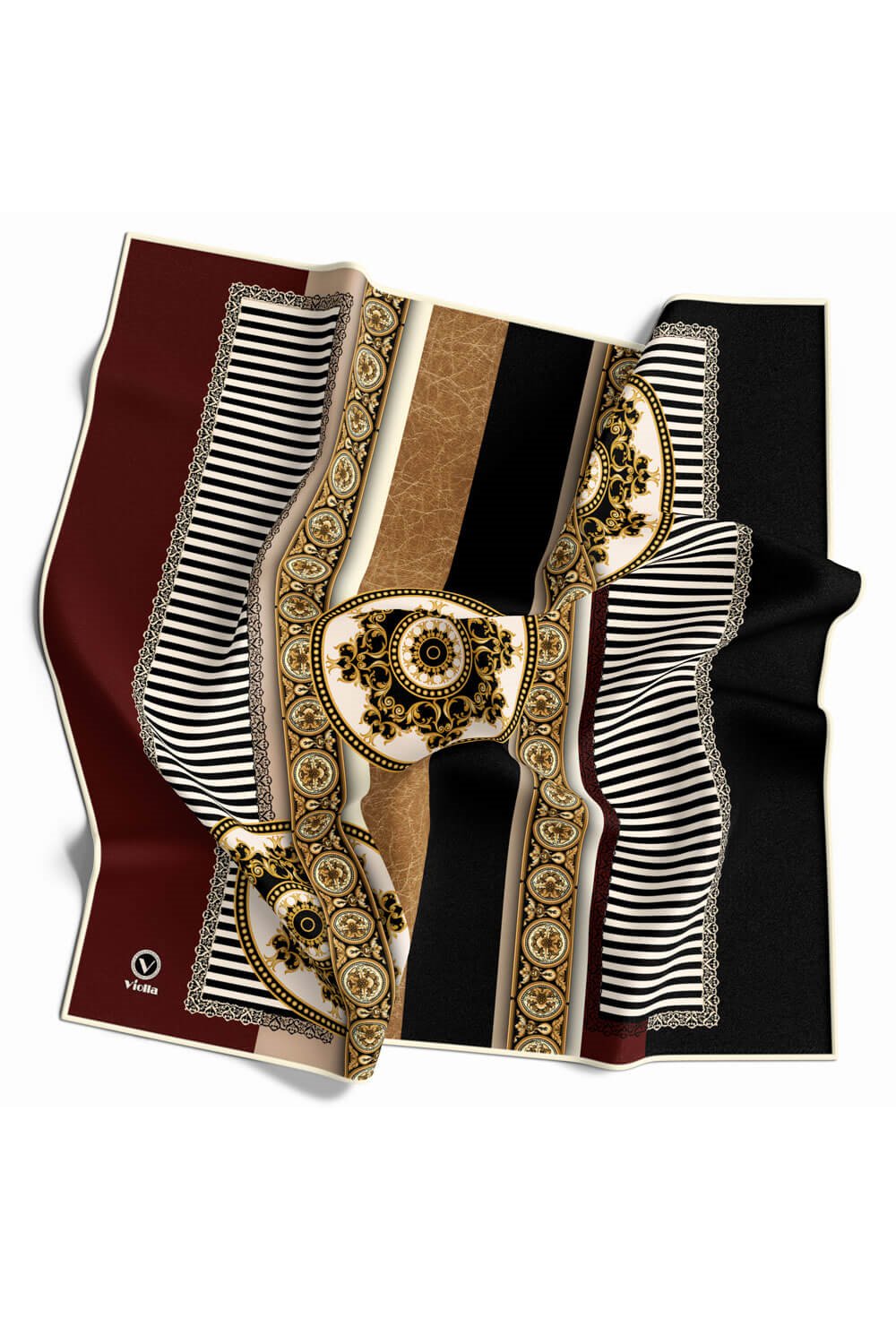 Twill Çizgili ve Barok Desenli Bordo Renkli 90x90 Eşarp (İpek İçermez) Kenar Dikiş Şekli El Dikişli