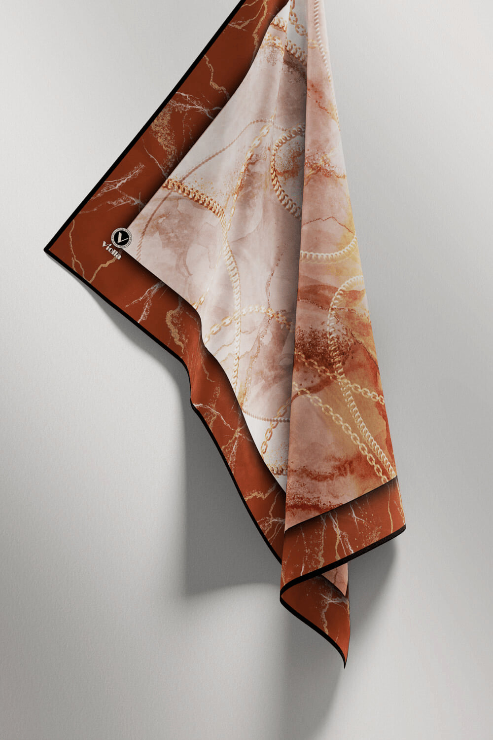 Twill Mermer ve Zincir Desenli Taba Renkli 90x90 Eşarp (İpek İçermez) Kenar Dikiş Şekli El Dikişli