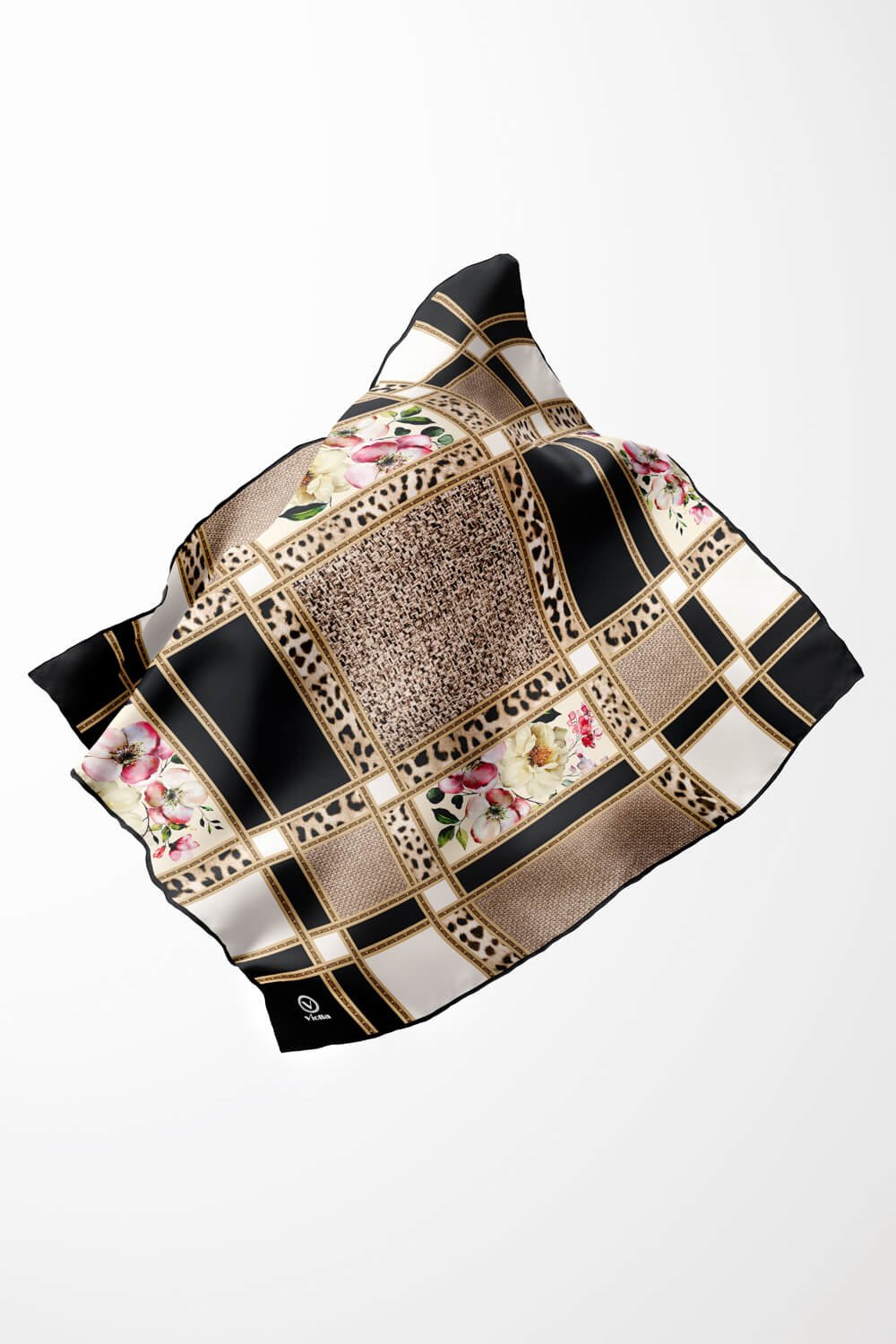 Twill Leopar ve Çiçek Desenli Siyah - Krem Renkli 90x90 Eşarp (İpek İçermez) Dikim Şekli : El Dikişi
