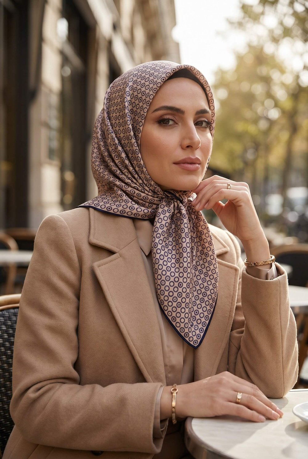 %100 Twill İpek Zincir Desenli Bej - Lacivert Renkli 90x90 Eşarp Kenar Dikiş Şekli El Dikişli
