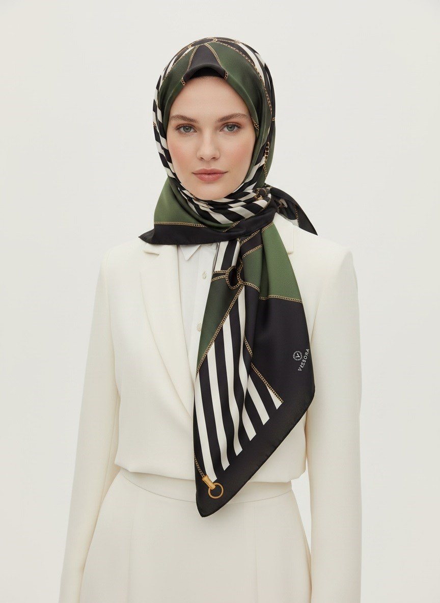 %100 Twill İpek Zincirli Çizgi Desenli Siyah - Haki Renkli 90x90 Eşarp Dikim Şekli : El Dikişi