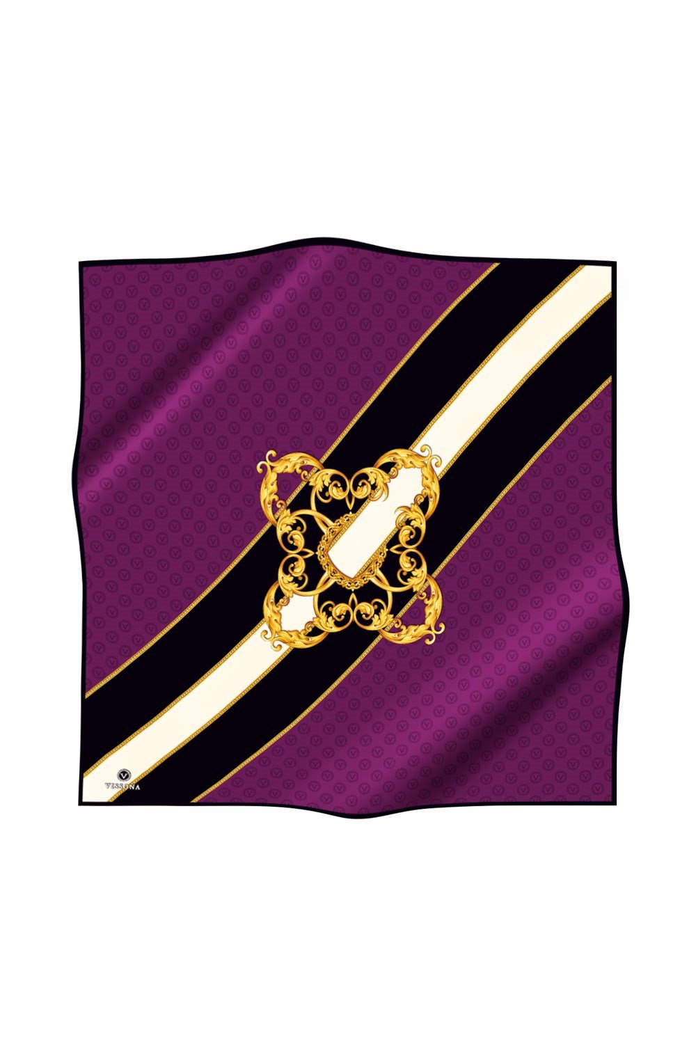 %100 Twill İpek Monogram Ve Barok Desenli Mürdüm - Siyah Renkli 90x90 Eşarp Dikim Şekli : El Dikişi