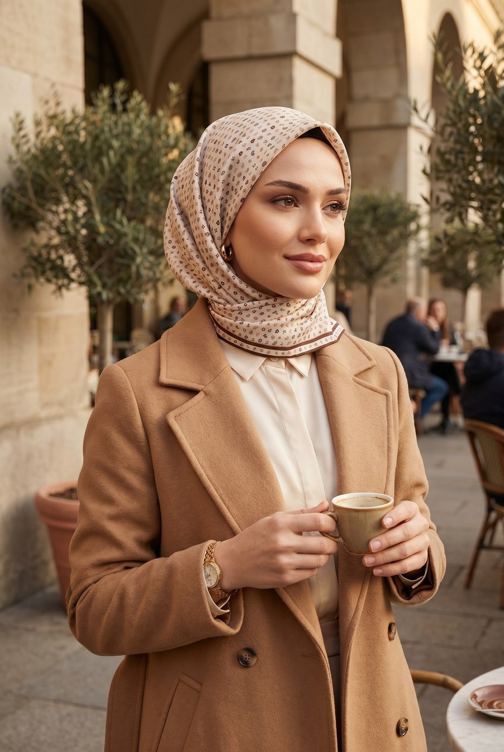 %100 Twill İpek Çıtır Desenli Krem - Kahverengi Renkli 90x90 Eşarp Dikim Şekli : El Dikişi