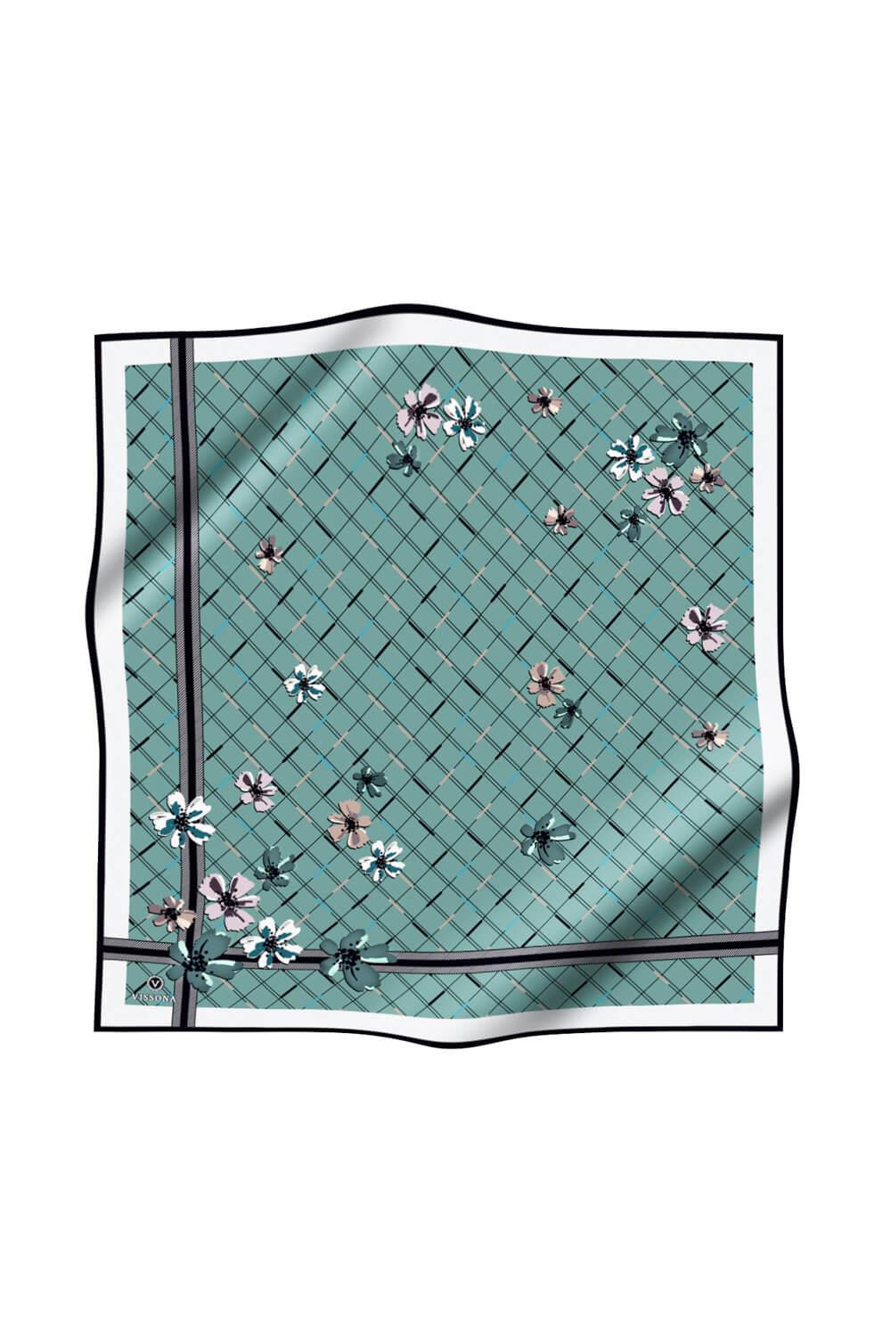%100 Twill İpek Çıtır Çiçek Desenli Su Yeşili - Krem Renkli 90x90 Eşarp Dikim Şekli : El Dikişi
