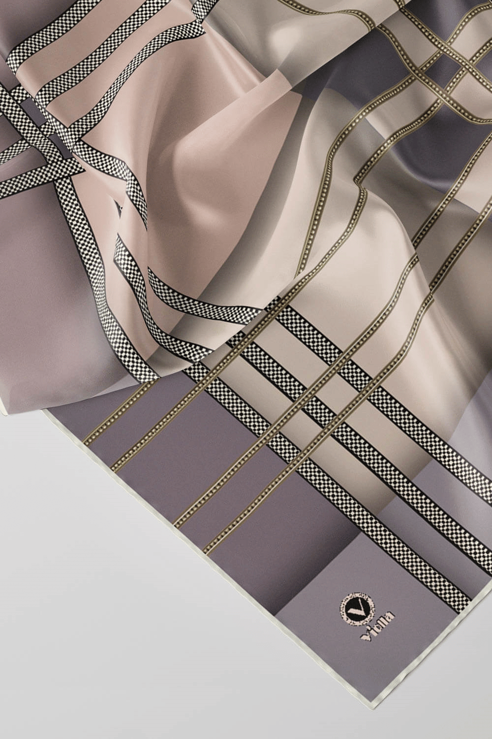 Twill Geometrik Desenli Bej Renkli 90x90 Eşarp (İpek İçermez) Kenar Dikiş Şekli El Dikişli