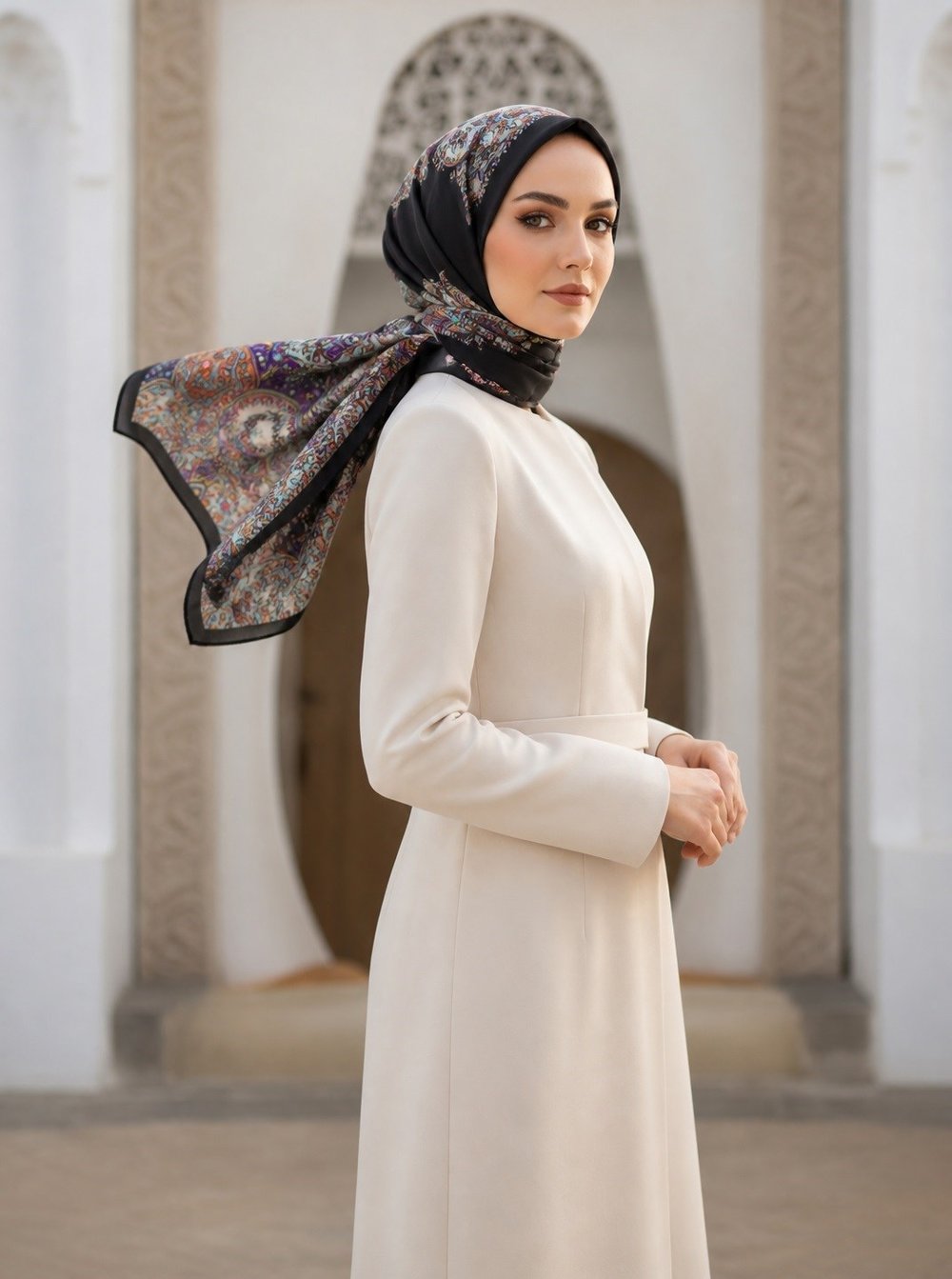 %100 İpek Etnik Desenli Siyah Renkli 92x210 Şal