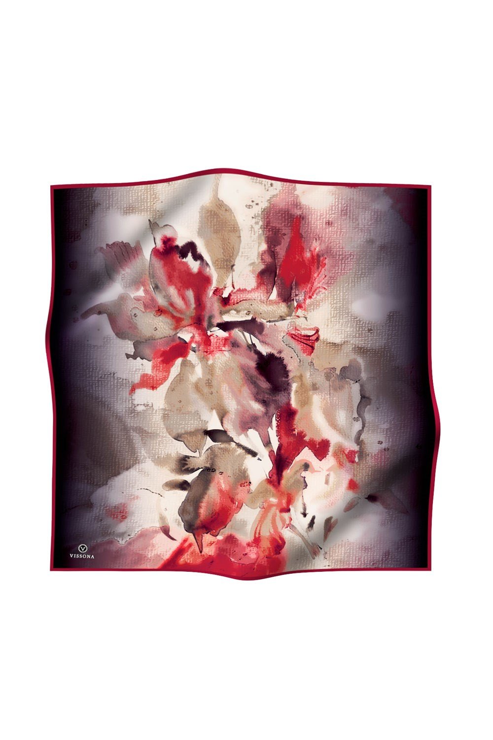 %100 Twill İpek Suluboya Çiçek Desenli Hardal - Bordo Renkli 90x90 Eşarp Dikim Şekli : El Dikişi