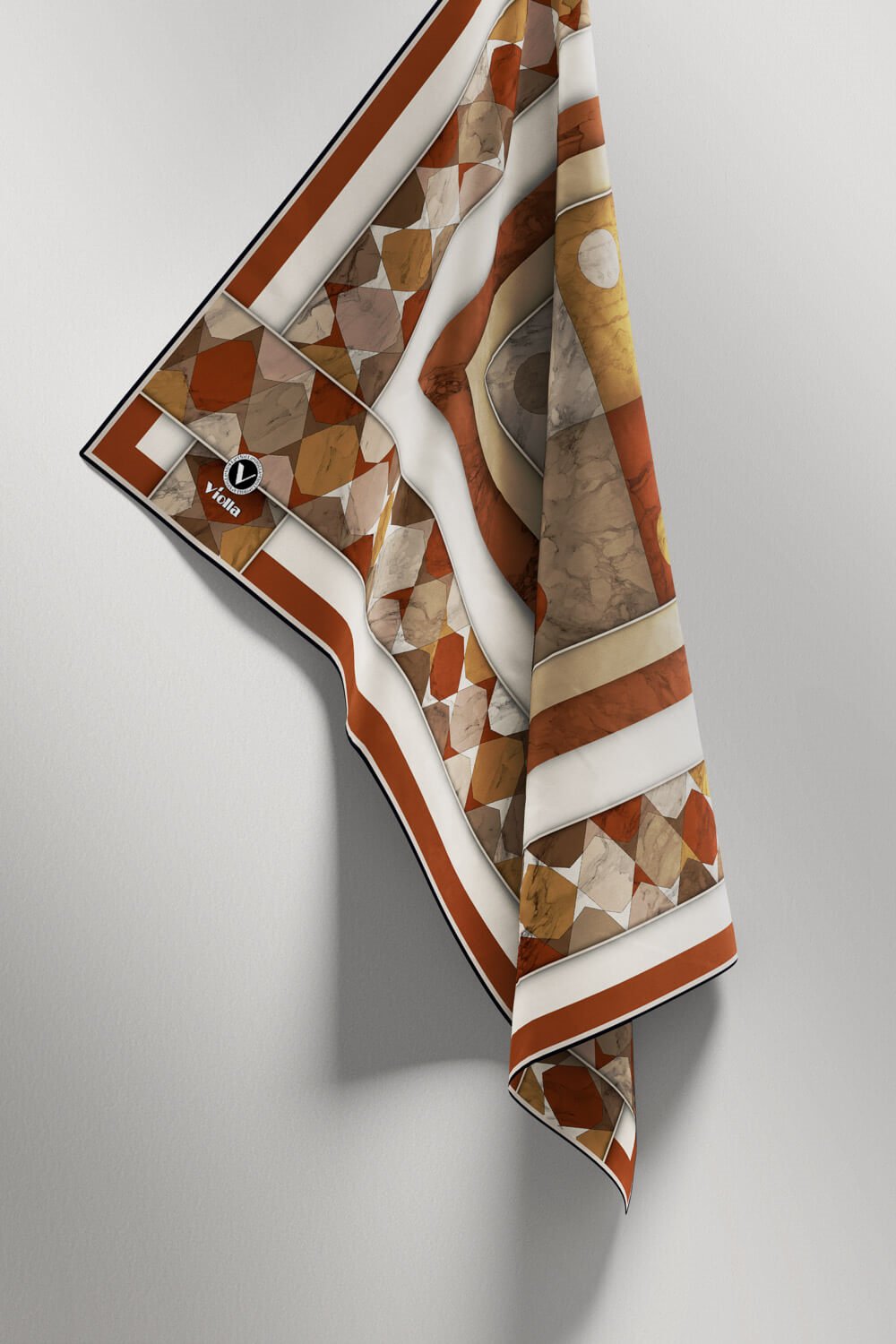 Twill Geometrik Mermer Desenli Taba Renkli 90x90 Eşarp (İpek İçermez) Kenar Dikiş Şekli El Dikişli
