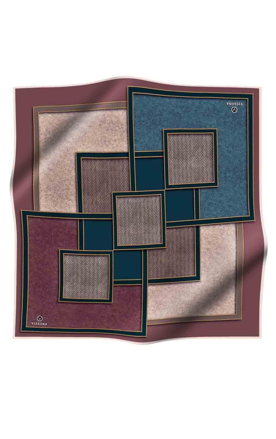 100% Twill İpek Gold Detaylı Kare Desenli Gül Kurusu - Petrol Yeşili Renkli 90x90 Dikim Şekli : El Dikişi