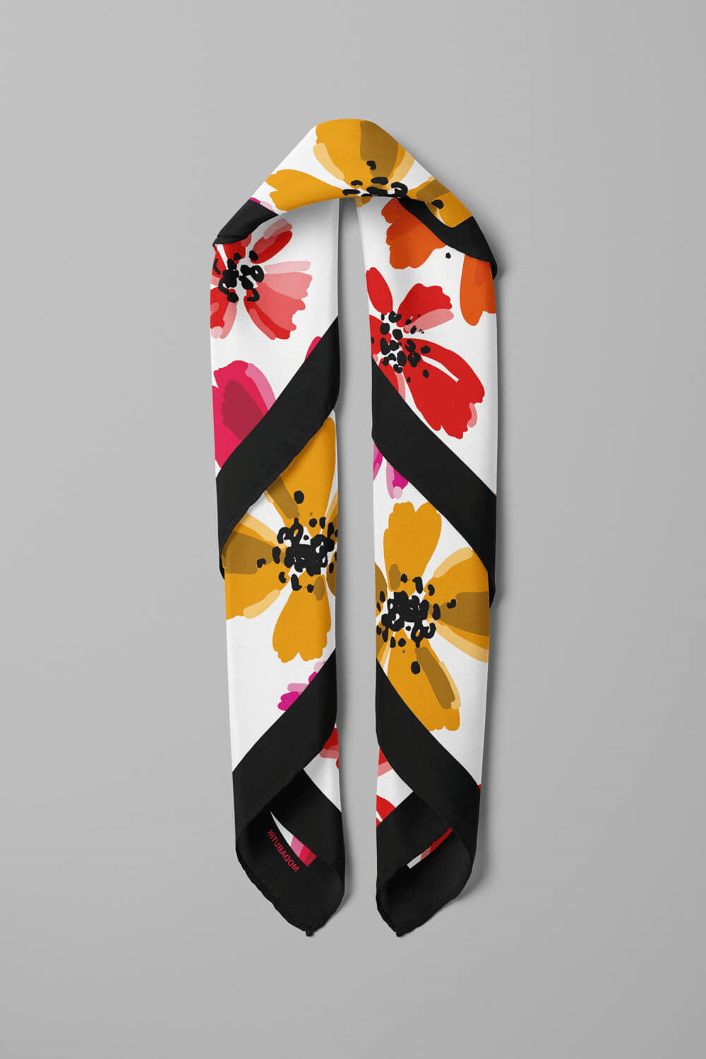 D102 Kadın Çiçek Desenli Bandana 50x50 Kırmızı Sarı DG0176-22