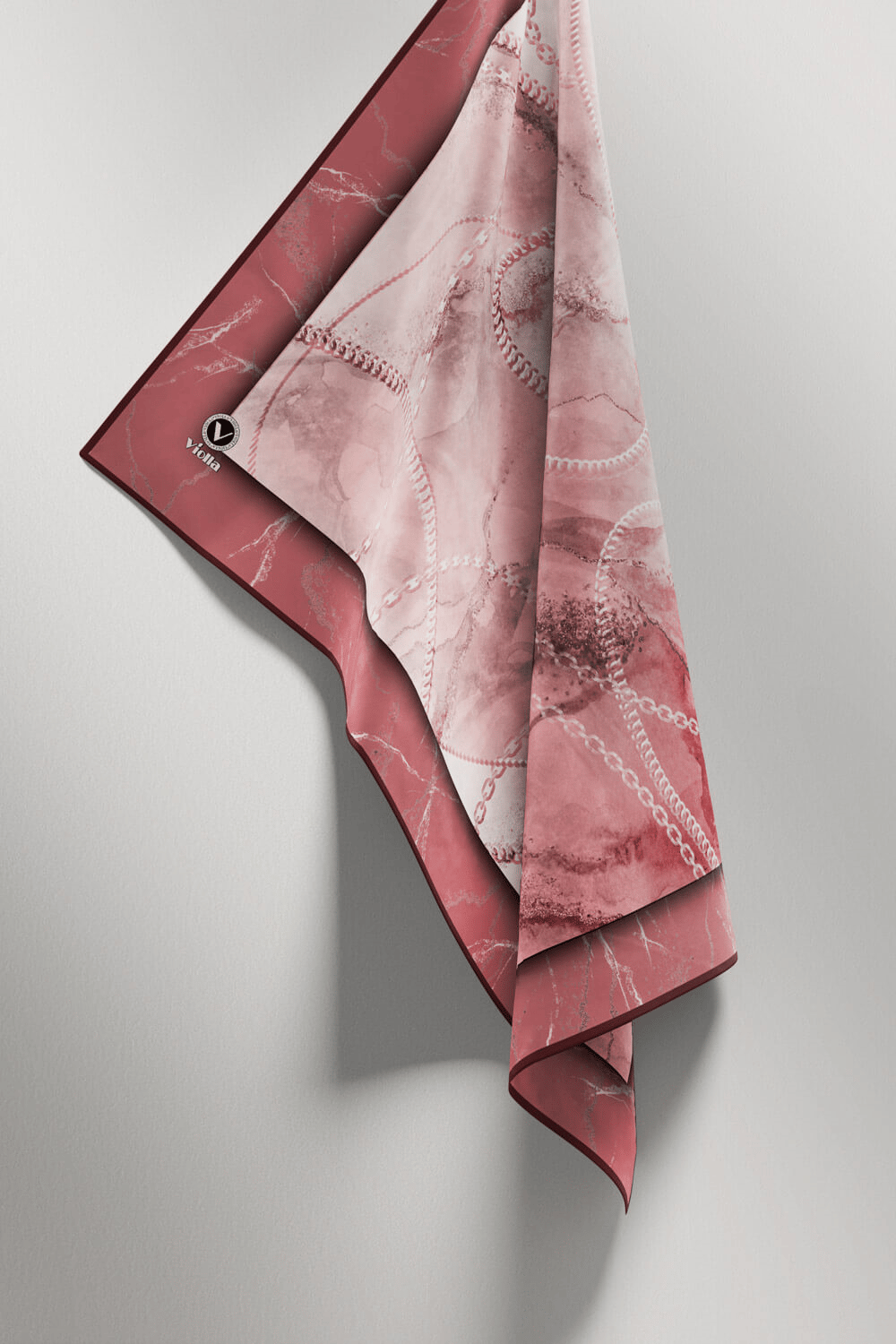Twill Mermer ve Zincir Desenli Pudra Renkli 90x90 Eşarp (İpek İçermez) Kenar Dikiş Şekli El Dikişli