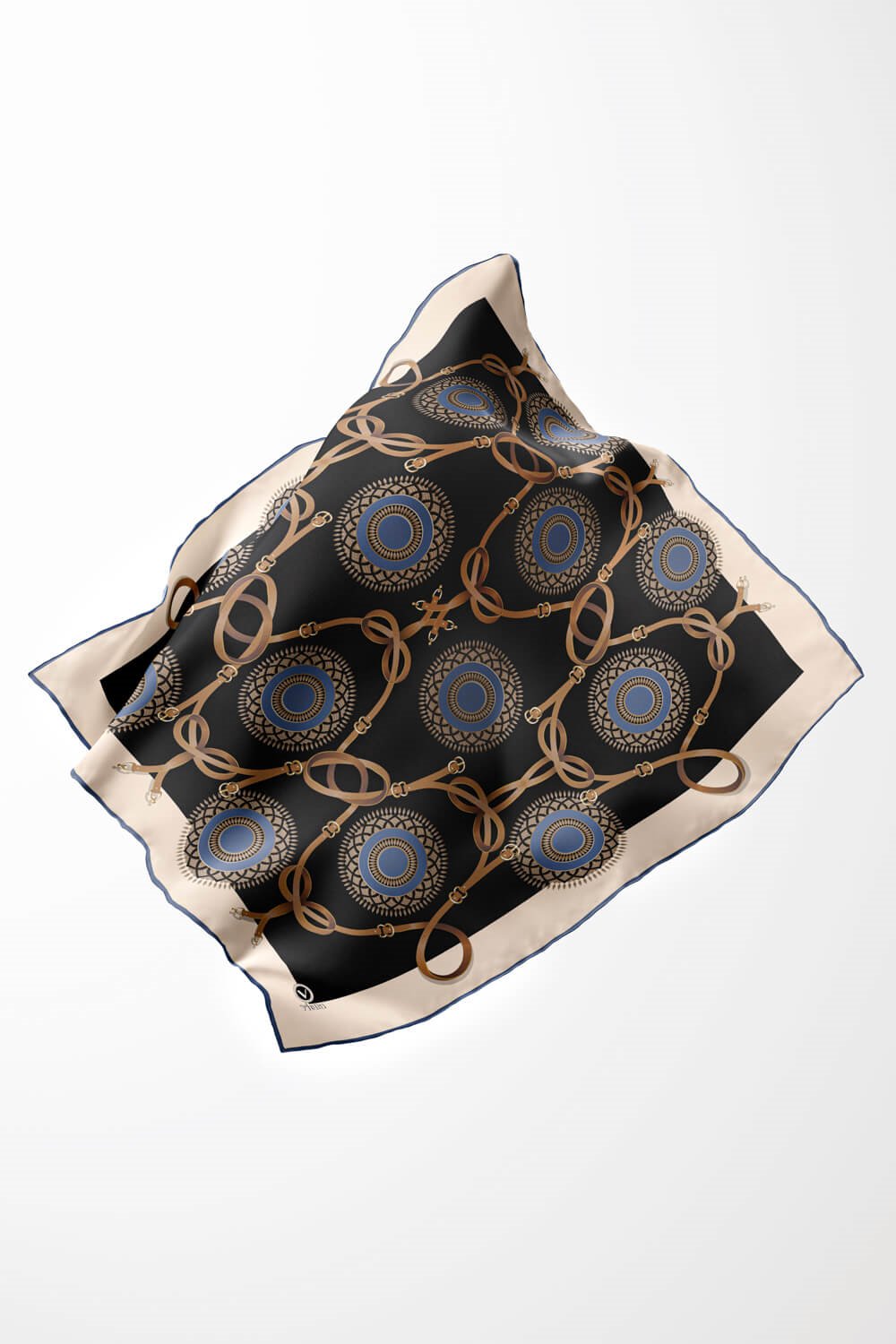 Twill Kemerli Ve Geometrik Desenli İndigo Renkli 90x90 Eşarp (İpek İçermez) Kenar Dikiş Şekli El Dikişli