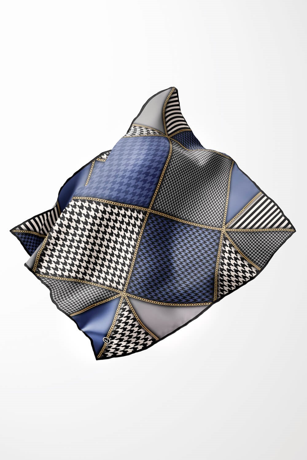 Twil Geometrik Ve Kazayak Desenli İndigo Renkli 90x90 Eşarp (İpek İçermez) Dikim Şekli : El Dikişi