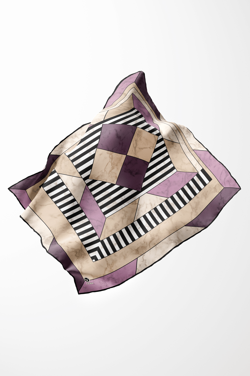 Twill Çizgili Geometrik Mermer Desenli Lila Renkli 90x90 Eşarp (İpek İçermez) Kenar Dikiş Şekli El Dikişli