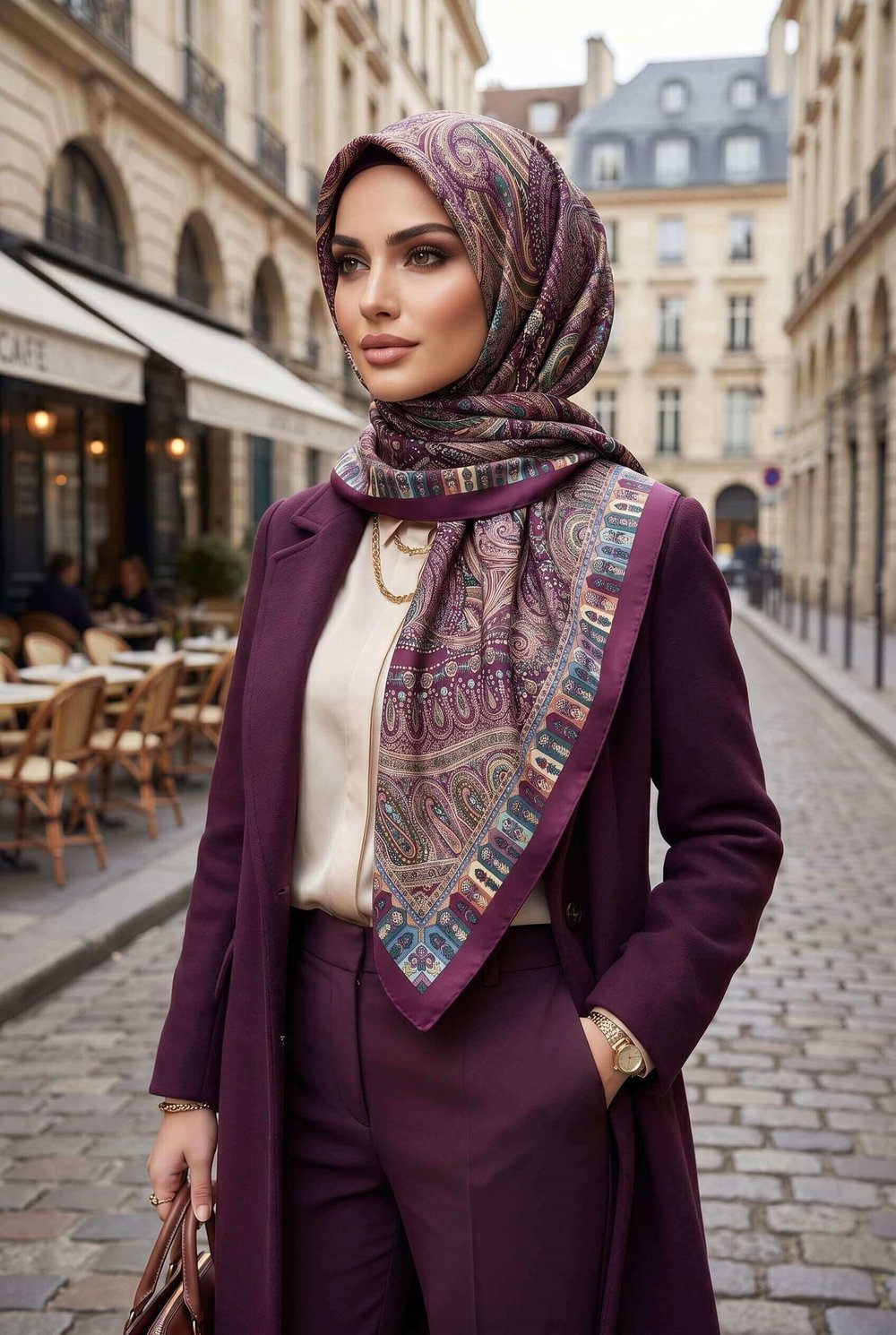 %100 Twill İpek Etro Desenli Mürdüm Renkli 90x90 Eşarp Dikim Şekli : El Dikişi