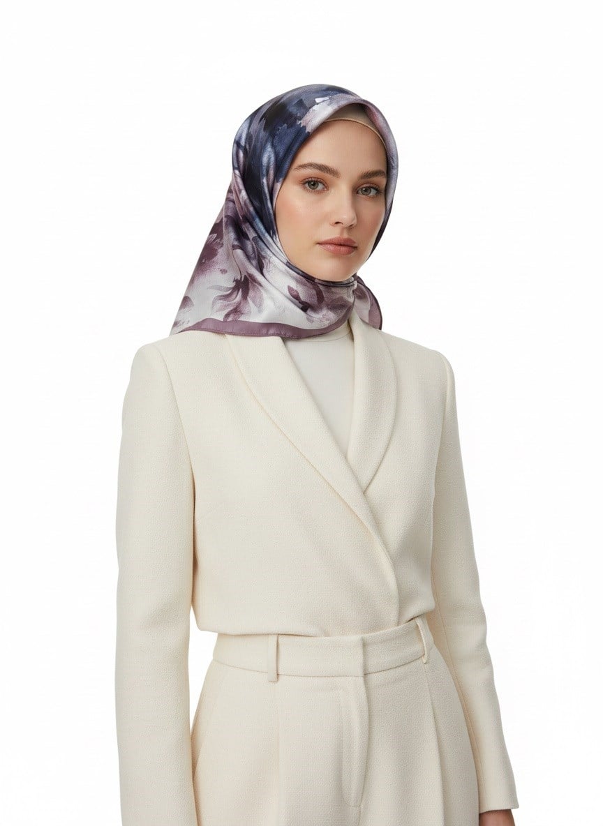 %100 Twill İpek Yaprak Desenli Pudra - Bebe Mavisi Renkli 90x90 Eşarp Dikim Şekli : El Dikişi