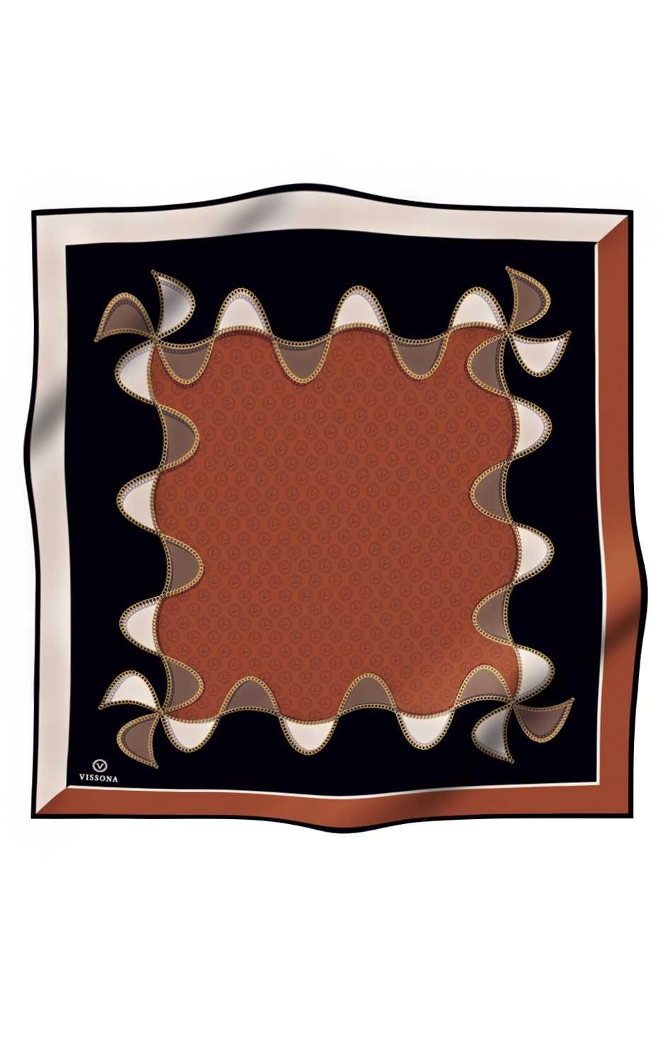%100 Twill İpek Zincirli Ve Monogram Desenli Taba - Siyah Renkli 90x90 Eşarp Dikim Şekli : El Dikişi