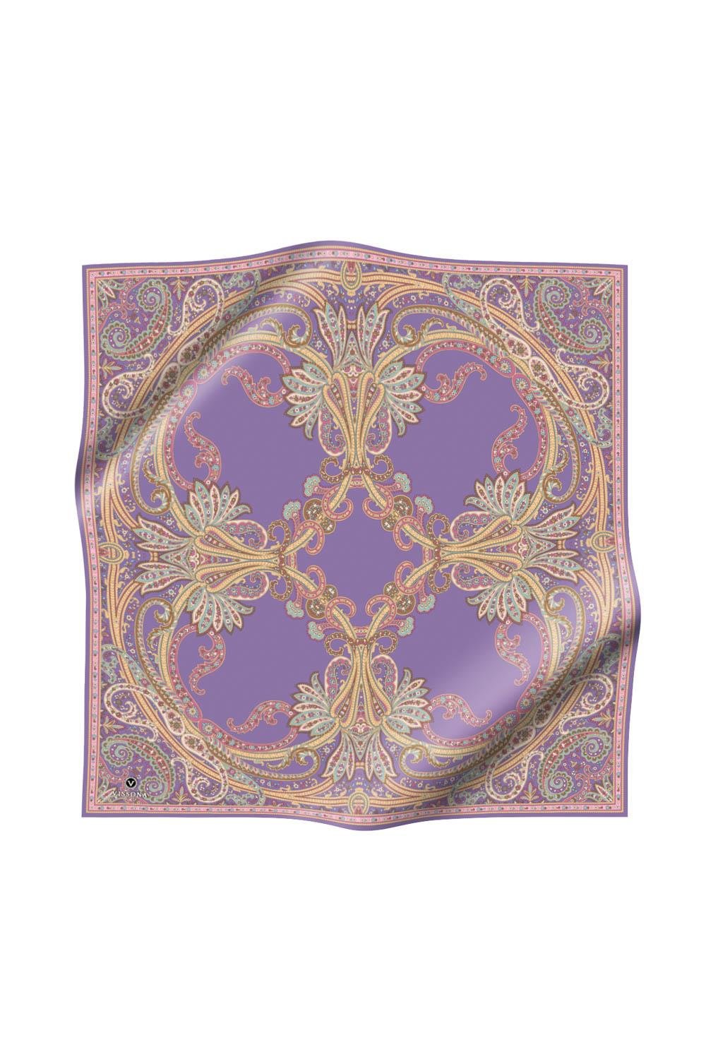 %100 Twill İpek Şal Desenli Lila Renkli 90x90 Eşarp Dikim Şekli : El Dikişi