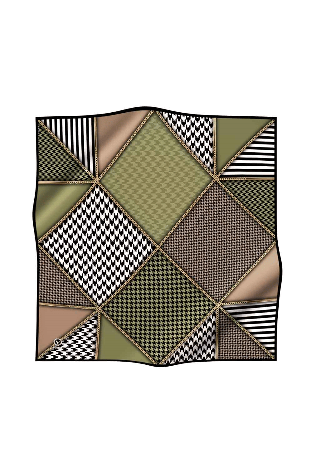 Twil Geometrik Ve Kazayak Desenli Haki Renkli 90x90 Eşarp (İpek İçermez) Dikim Şekli : El Dikişi