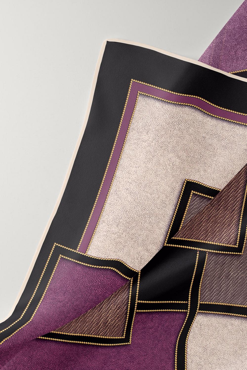100% Twill İpek Gold Detaylı Kare Desenli Siyah - Mürdüm Renkli 90x90 Dikim Şekli : El Dikişi
