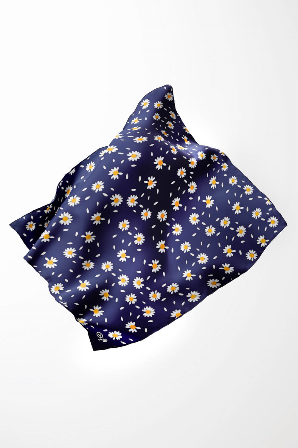 Twill Papatya Desenli Lacivert Renkli 90x90 Eşarp (İpek İçermez) Kenar Dikiş Şekli El Dikişli