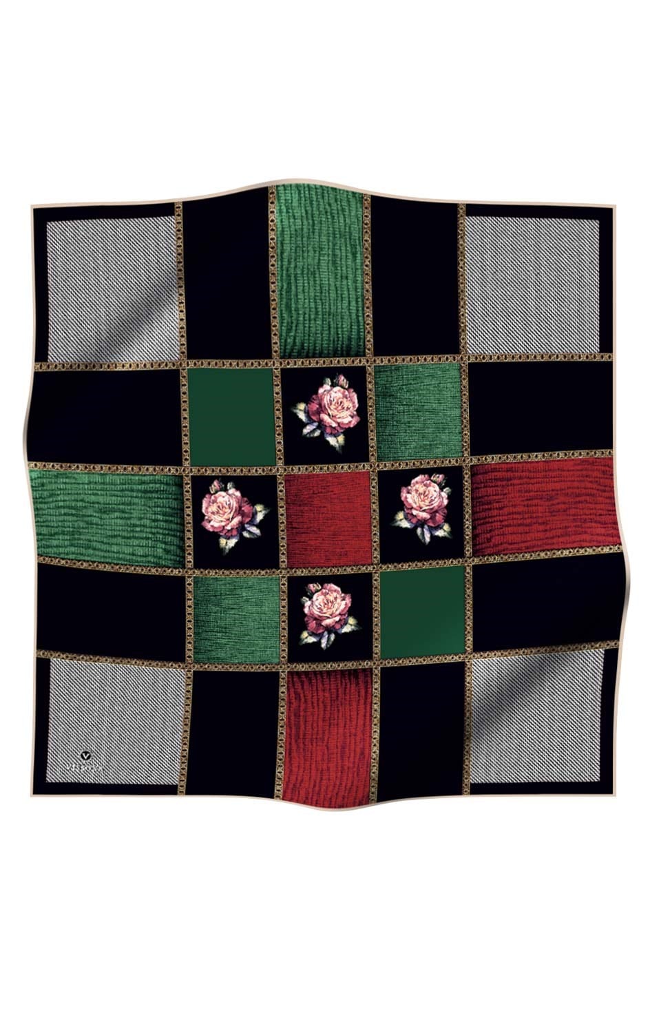%100 Twill İpek Dokulu Çiçekli Ve Geometrik Desenli Siyah - Zümrüt Yeşili Renkli 90x90 Eşarp Dikim Şekli : El Dikişi