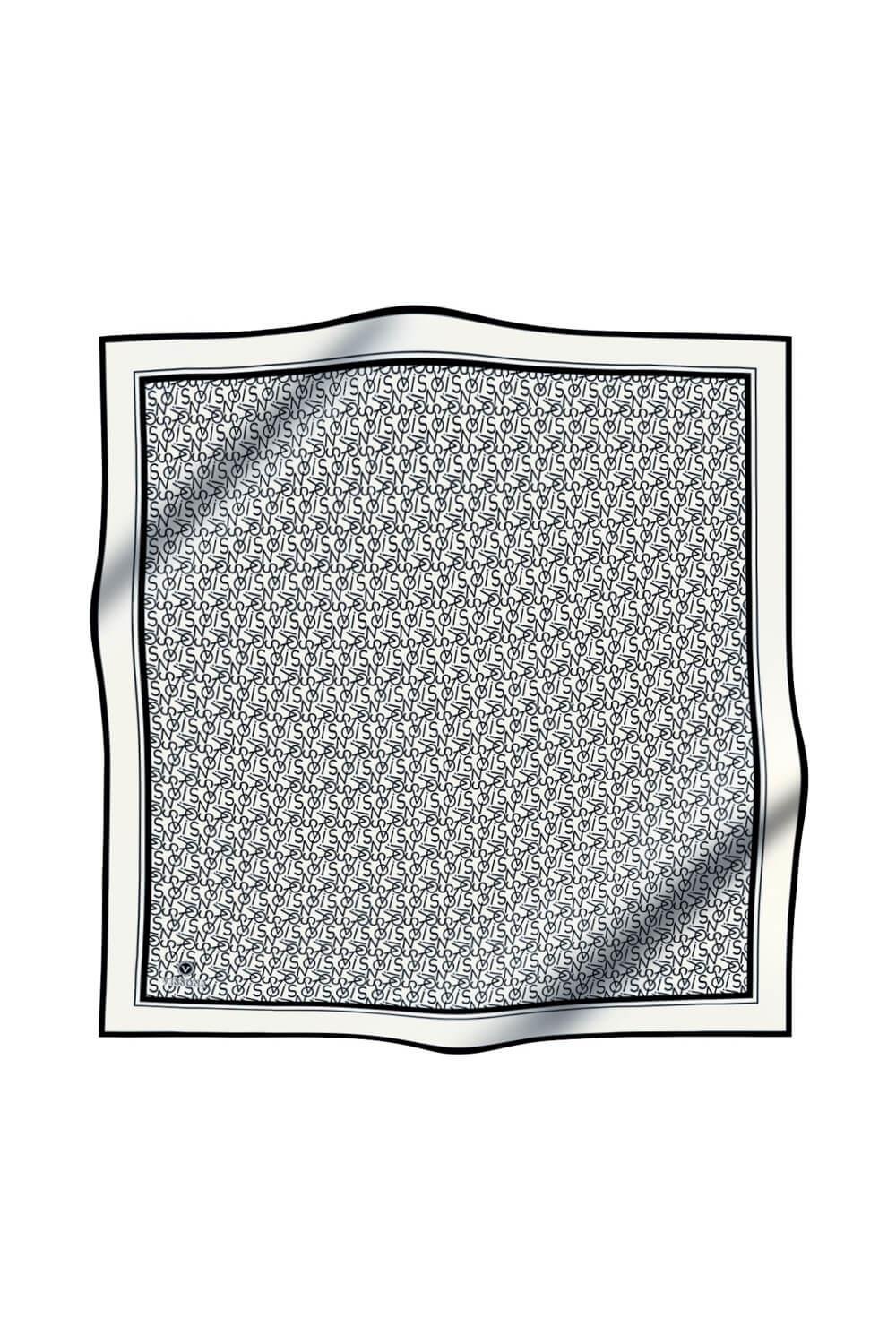 %100 Twill İpek Harf Desenli Krem - Siyah Renkli 90x90 Eşarp Dikim Şekli : El Dikişi