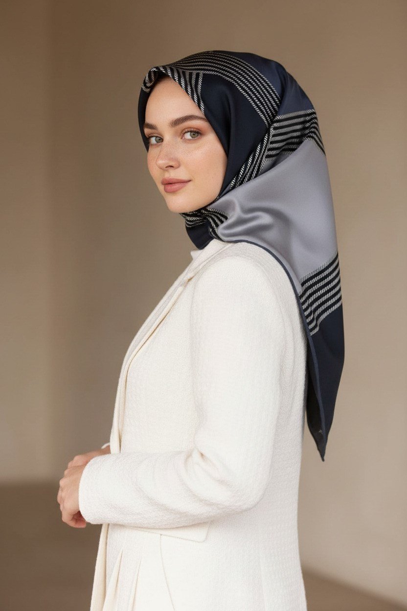 %100 Twill İpek Geometrik Desenli İndigo Renkli 90x90 Eşarp Dikim Şekli : El Dikişi