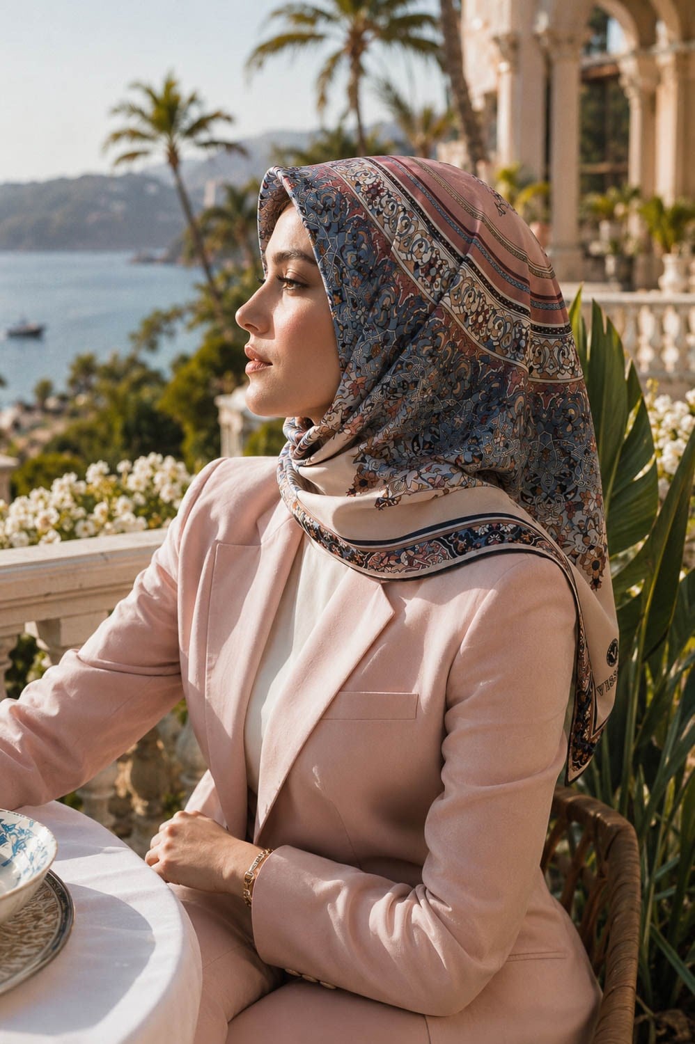 %100 Twill İpek Şal Desenli Pudra Renkli 90x90 Eşarp Dikim Şekli : El Dikişi
