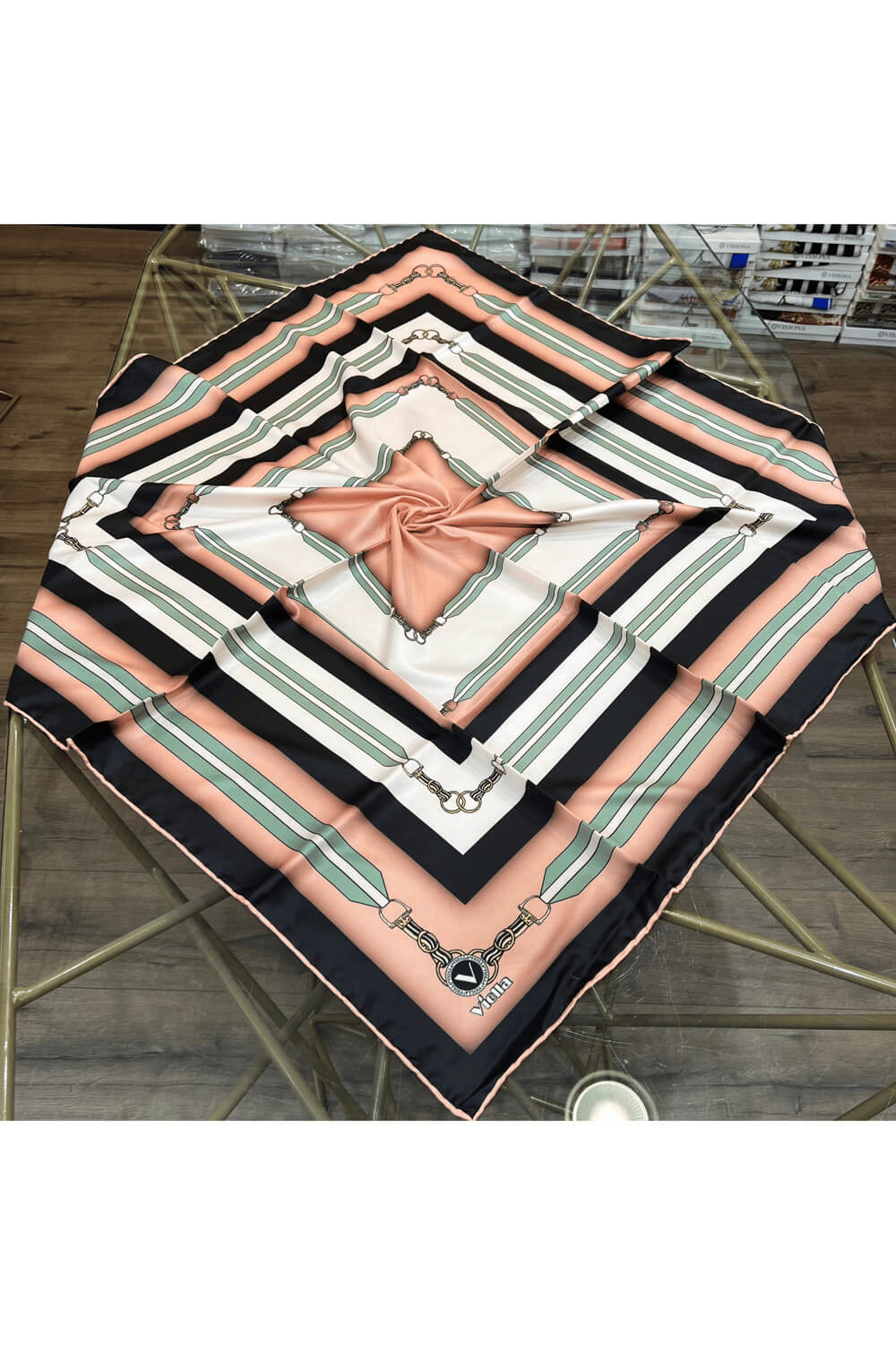 Twill Kemer Desenli Somon Renkli 90x90 Eşarp (İpek İçermez) Dikim Şekli : El Dikişi