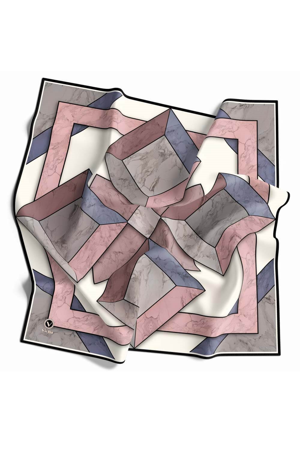 Twill Mermer Desenli Pudra - Bebe Mavisi Renkli 90x90 Eşarp (İpek İçermez) Kenar Dikiş Şekli El Dikişli