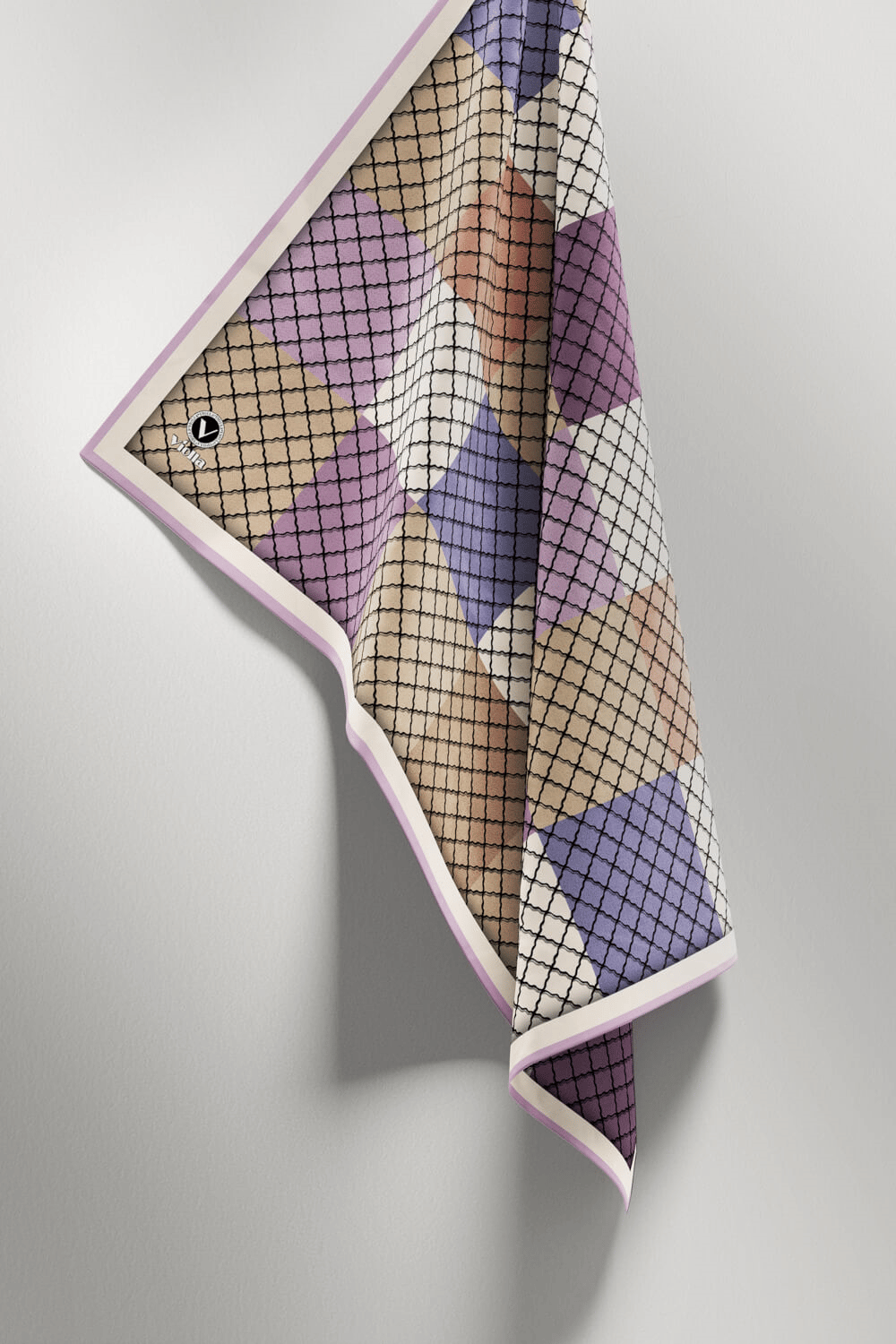 Twill Kare Desenli Lila Renkli 90x90 Eşarp (İpek İçermez) Kenar Dikiş Şekli El Dikişli