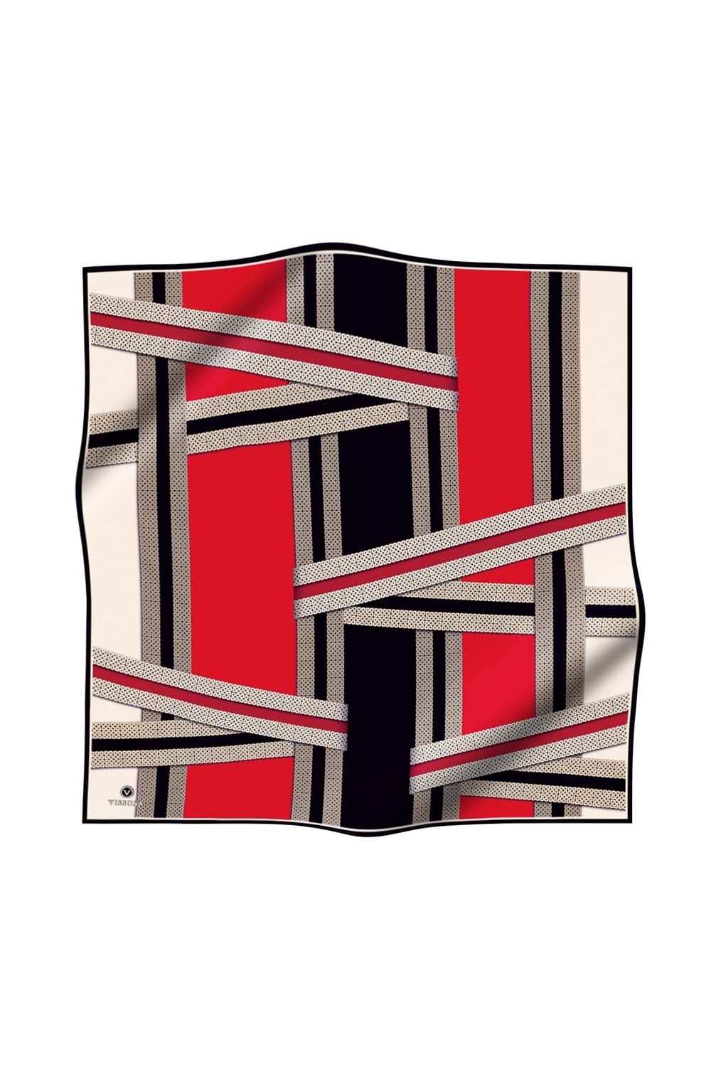% 57 İPEK % 43 VİSKON Twill İpek Geometrik Desenli Siyah - Kırmızı Renkli 90x90 Eşarp Dikim Şekli : El Dikişi
