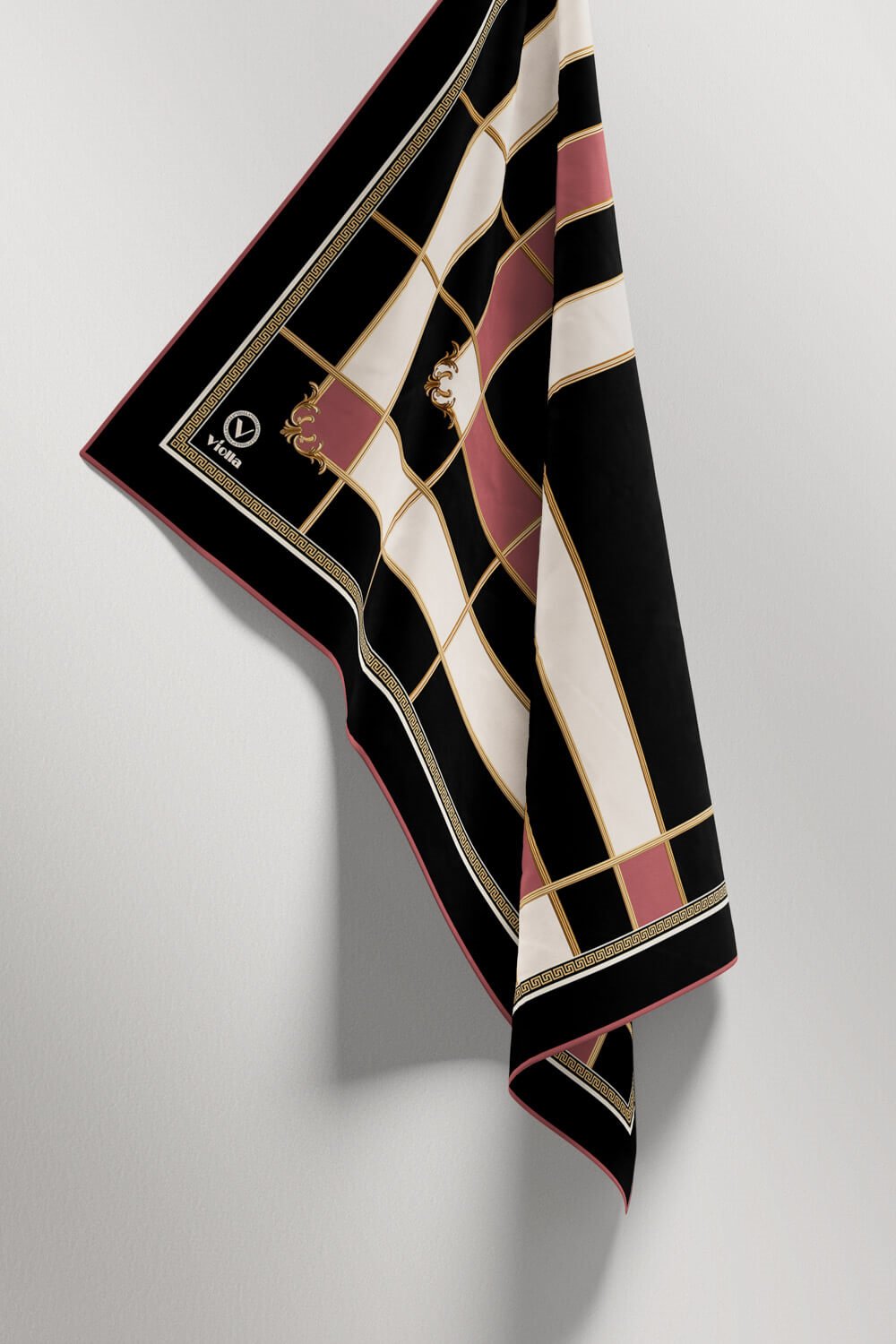 Twill Gold Detaylı Kareli Desenli Pudra Renkli 90x90 Eşarp (İpek İçermez) Kenar Dikiş Şekli El Dikişli