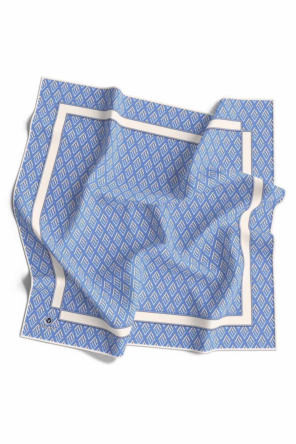 % 57 İPEK % 43 VİSKON Twill İpek Geometrik Desenli İndigo - Krem Renkli 90x90 Eşarp Dikim Şekli : El Dikişi