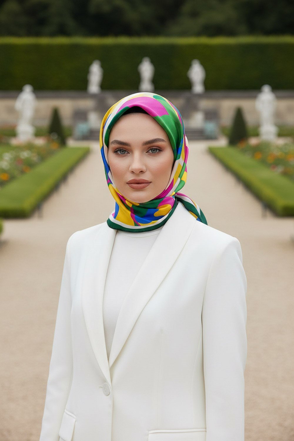 %100 Twill İpek Geometrik Desenli Zümrüt Yeşili - Fuşya Renkli 90x90 Eşarp Dikim Şekli : El Dikişi