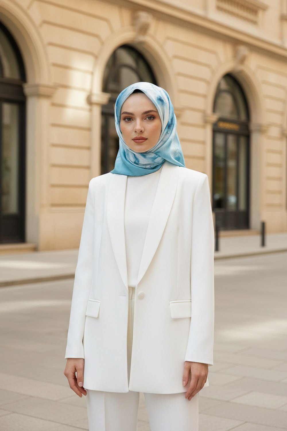 %100 Twill İpek Duman Desenli Bebe Mavisi - Gri Renkli Renkli 90x90 Eşarp Dikim Şekli : El Dikişi