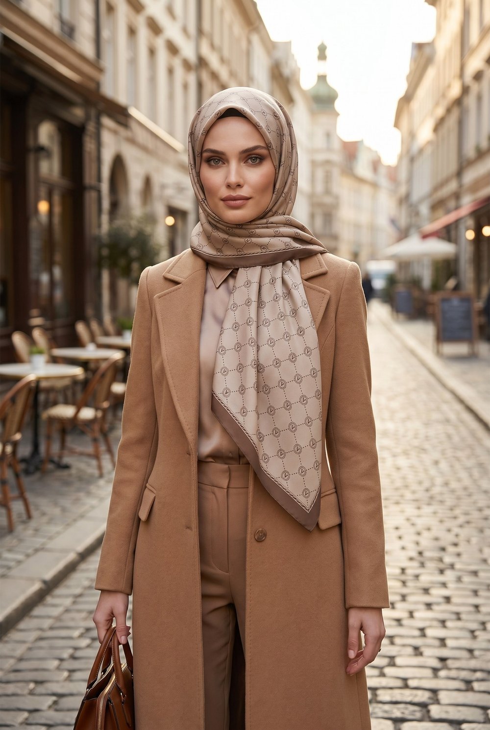 %100 Twill İpek Monogram Desenli Bej Renkli 90x90 Eşarp Dikim Şekli : El Dikişi