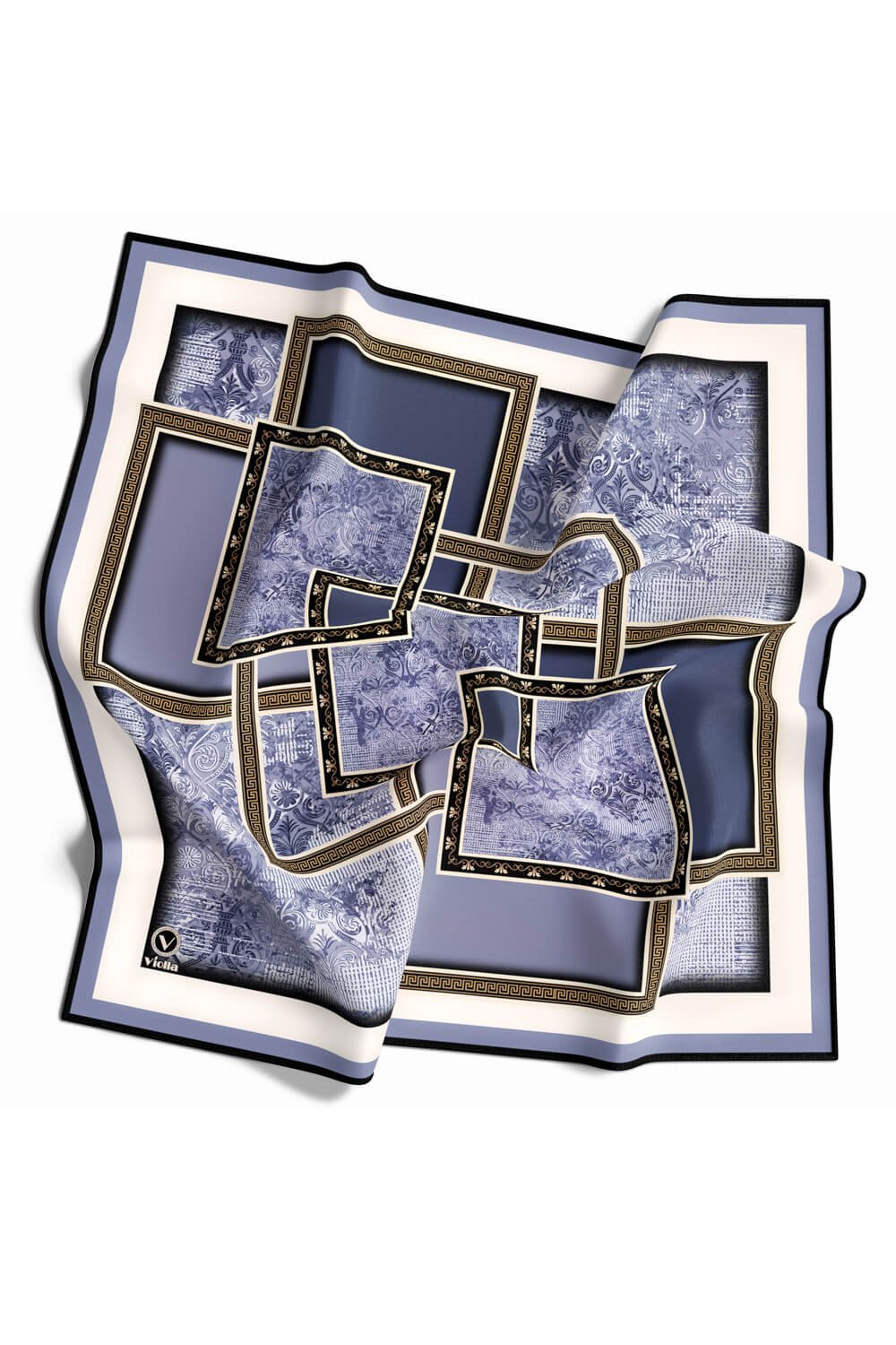Twill Geometrik Desenli İndigo Renkli 90x90 Eşarp (İpek İçermez) Kenar Dikiş Şekli El Dikişli