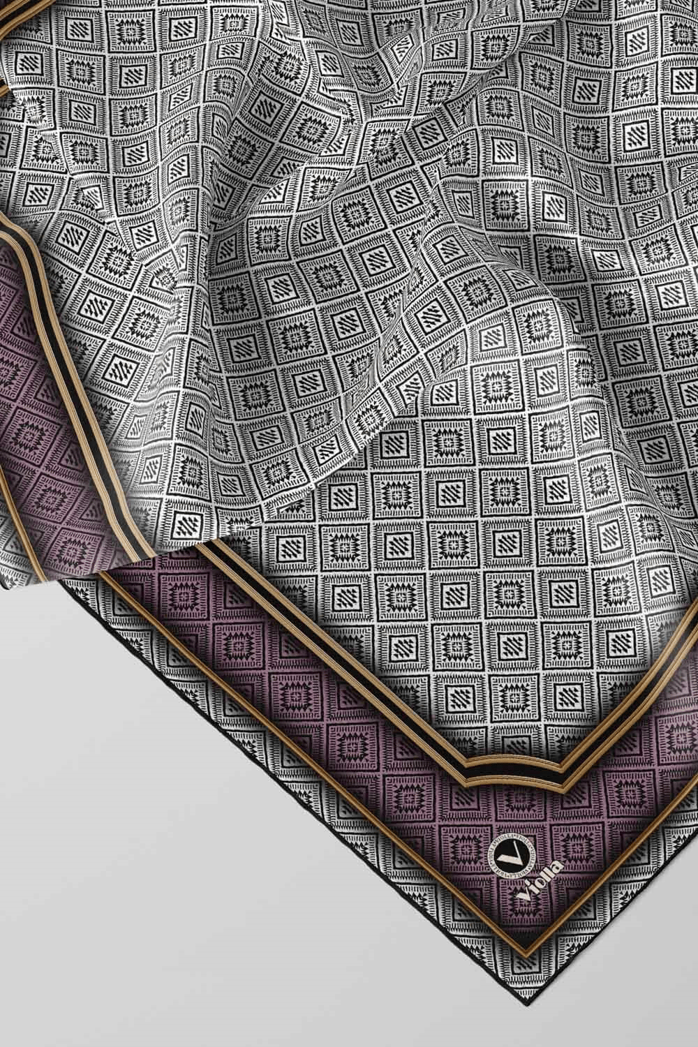 Twill Geometrik Çıtır Desenli Lila Renkli 90x90 Eşarp (İpek İçermez) Kenar Dikiş Şekli El Dikişli
