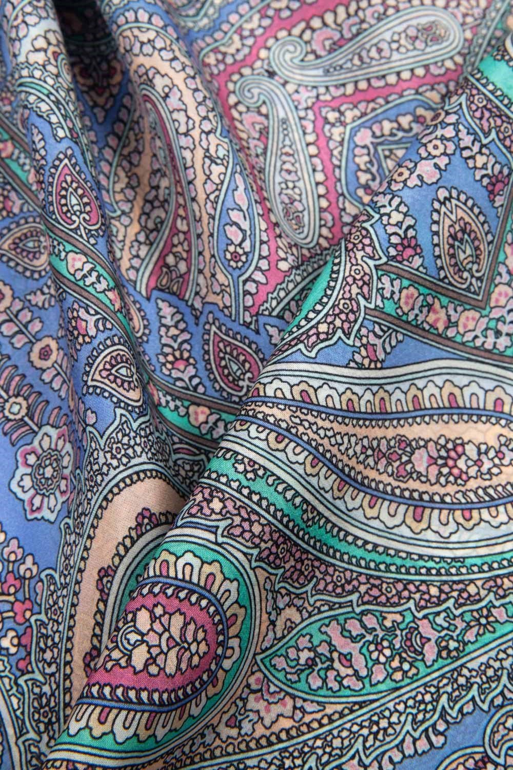 100% İPEK ETRO DESENLİ KREM - SAKS RENKLİ ŞAL