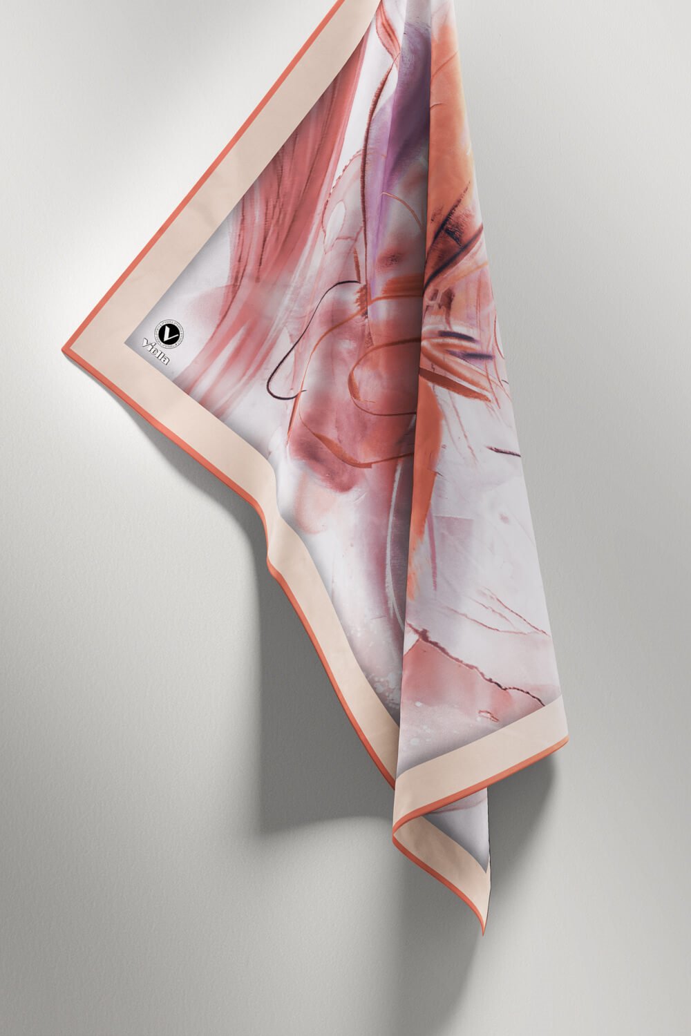 Twill Çiçek Tablo Desenli Somon Renkli 90x90 Eşarp (İpek İçermez) Kenar Dikiş Şekli El Dikişli