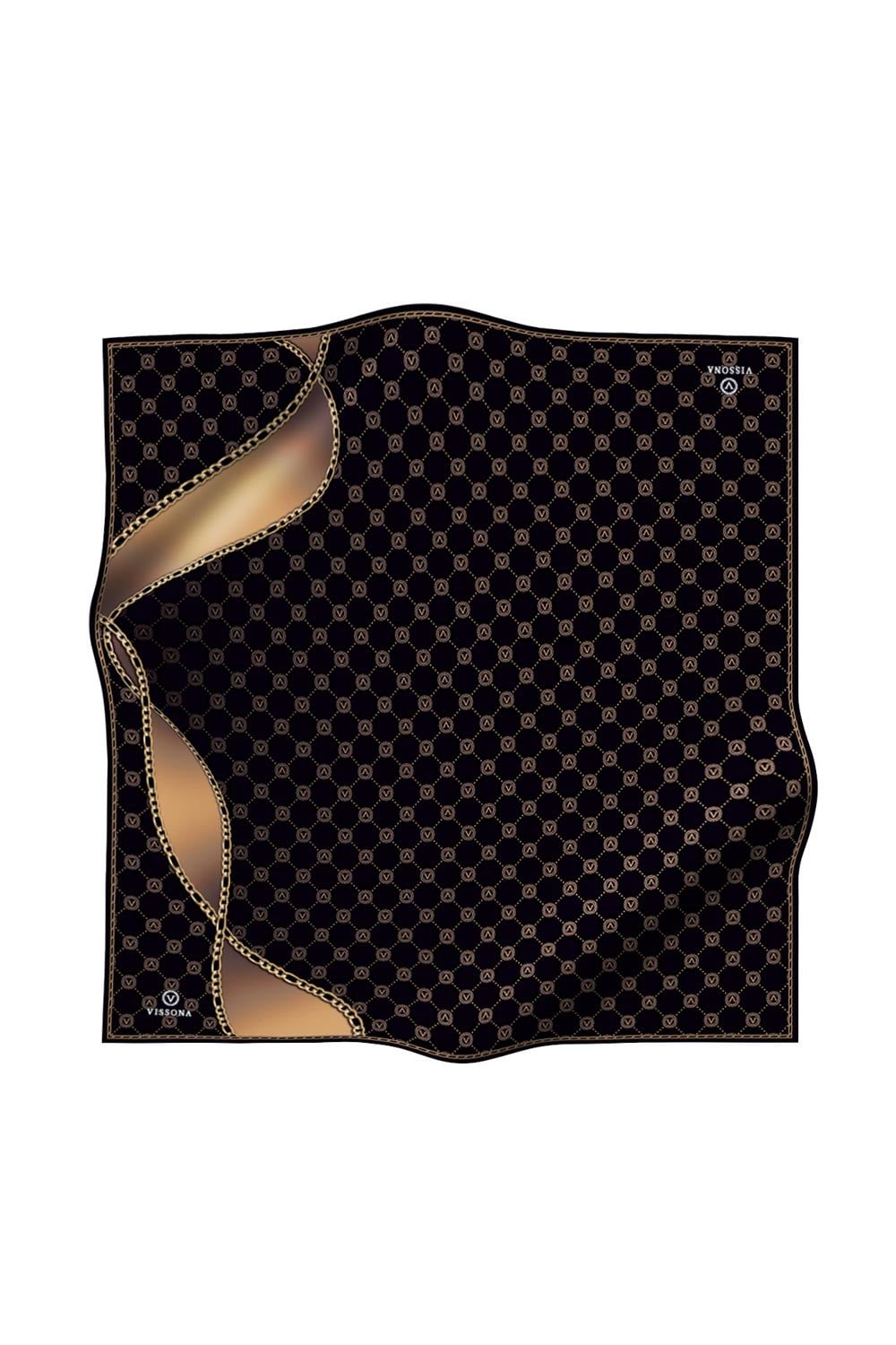 %100 Twill İpek Zincirli Ve Monogram Desenli Siyah - Gold Renkli 90x90 Eşarp Dikim Şekli : El Dikişi