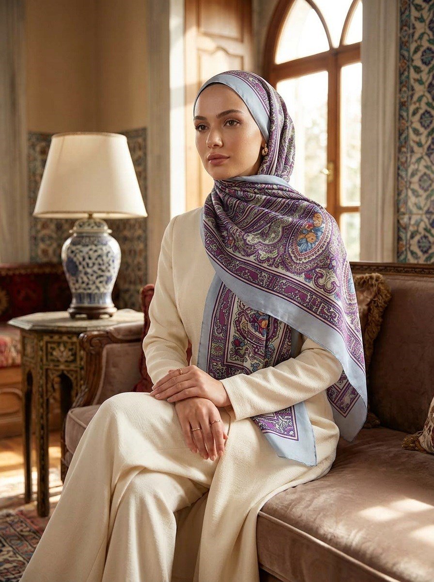 %100 İpek Etro Desenli Bebe Mavisi Renkli 92x210 Şal