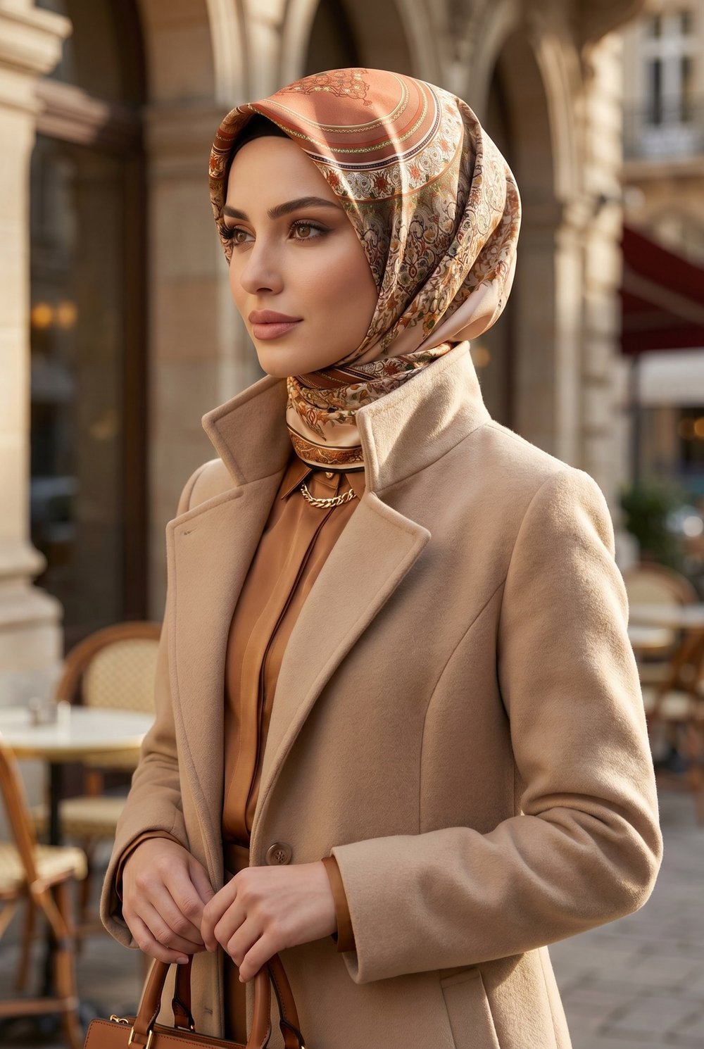 %100 Twill İpek Şal Desenli Bakır Renkli 90x90 Eşarp Dikim Şekli : El Dikişi