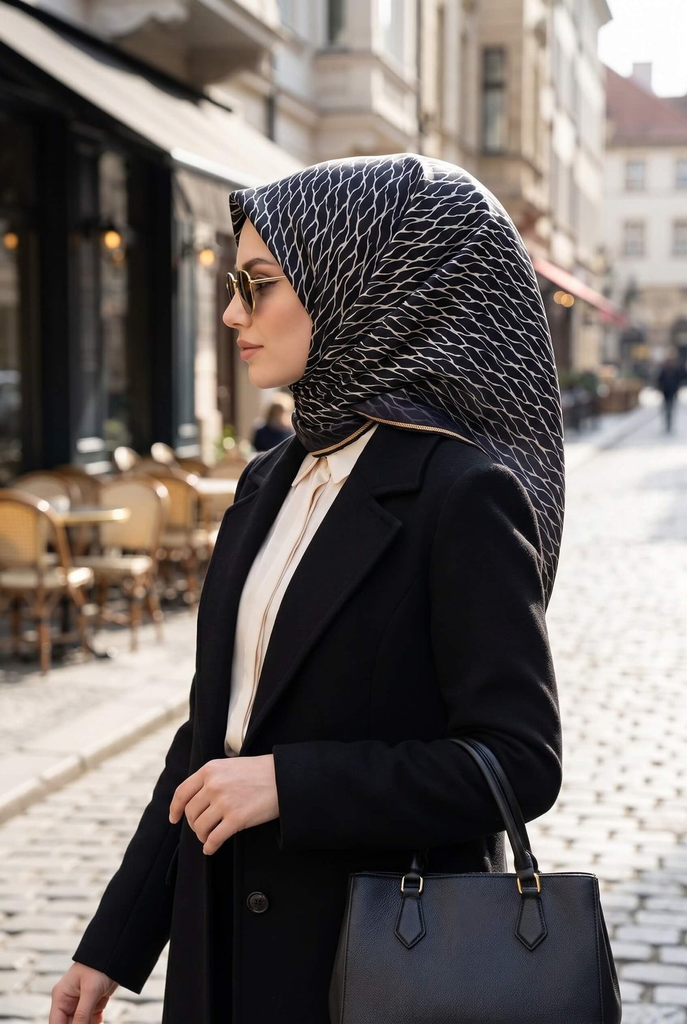 %100 Twill İpek File Desenli Siyah - Krem Renkli 90x90 Eşarp Dikim Şekli : El Dikişi