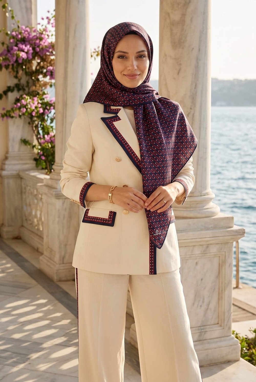 %100 Twill İpek Zincir Desenli Lacivert - Kırmızı Renkli 90x90 Eşarp Kenar Dikiş Şekli El Dikişli